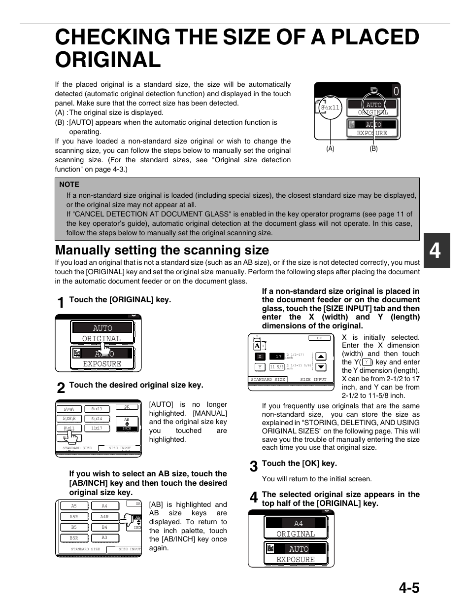 4checking the size of a placed original, Manually setting the scanning size, Auto | Auto original exposure, Touch the [original] key, Touch the desired original size key, Touch the [ok] key | Sharp AR-M355N User Manual | Page 84 / 380