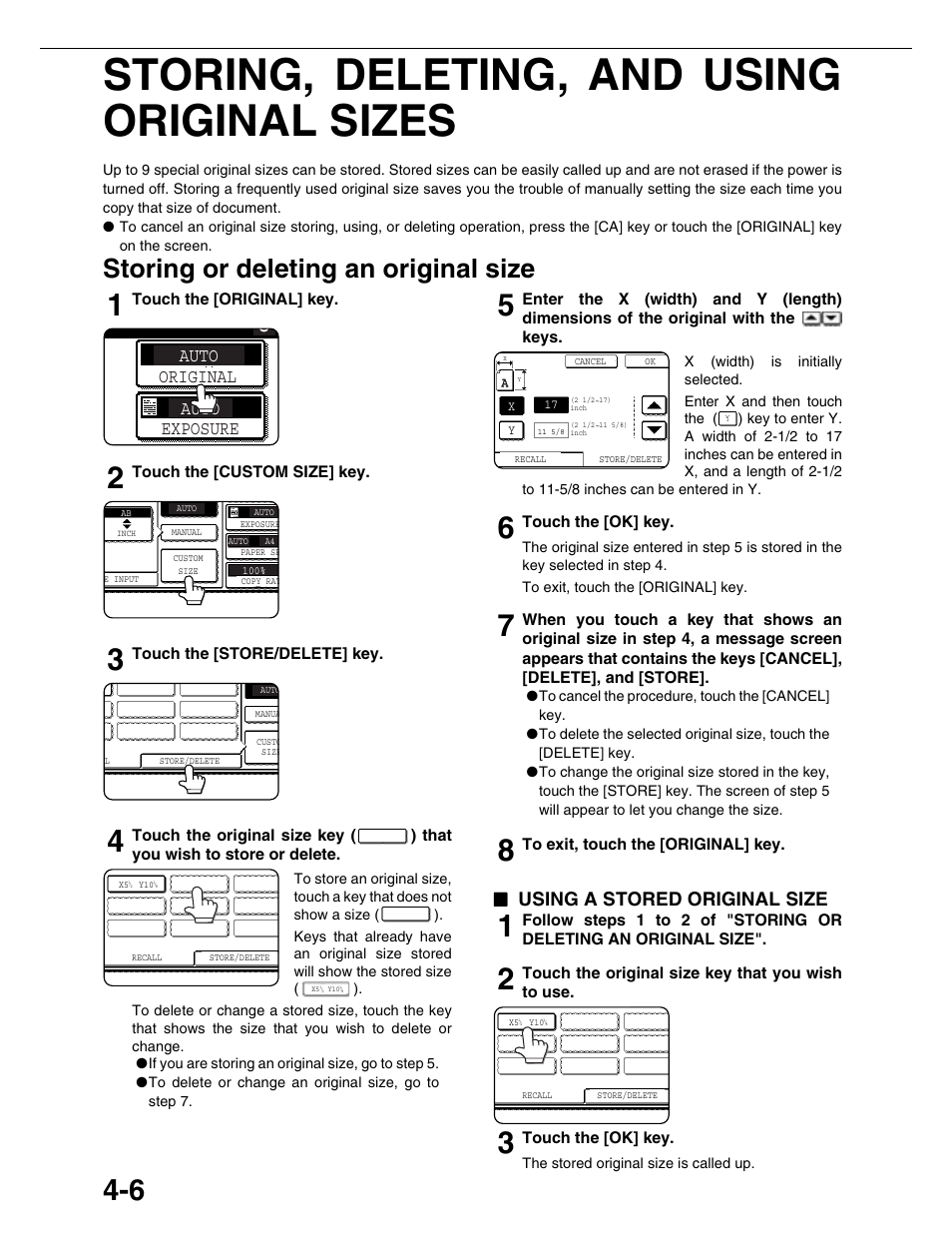 Storing, deleting, and using original sizes, Storing or deleting an original size, Using a stored original size | Auto original exposure, Auto | Sharp AR-M355N User Manual | Page 85 / 380