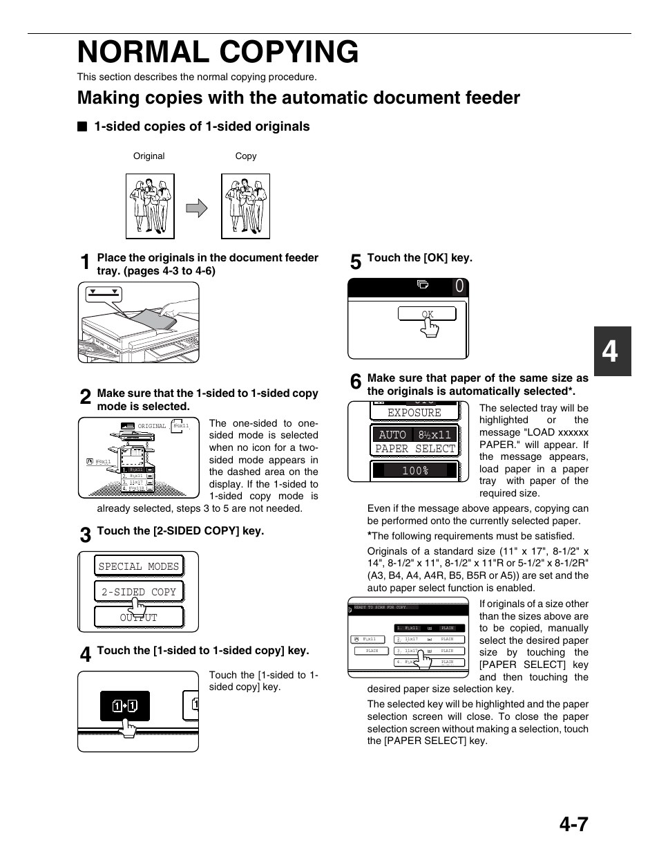 4normal copying, Making copies with the automatic document feeder, Sided copies of 1-sided originals | Special modes 2-sided copy output | Sharp AR-M355N User Manual | Page 86 / 380