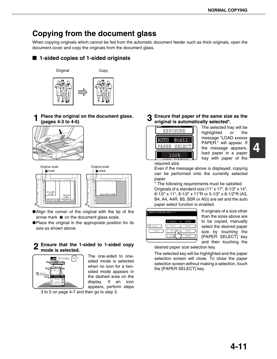 Copying from the document glass, Sided copies of 1-sided originals | Sharp AR-M355N User Manual | Page 90 / 380