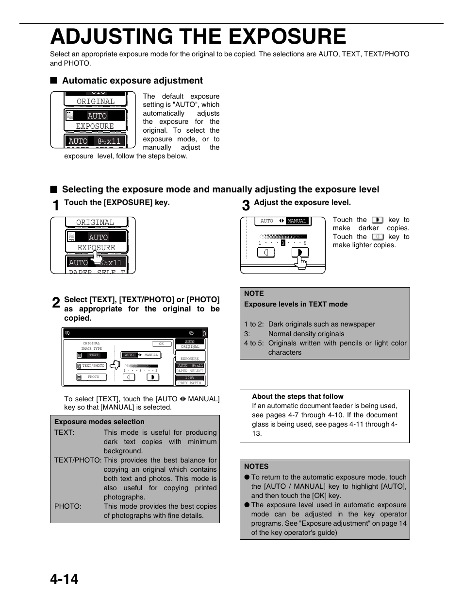 Adjusting the exposure, Automatic exposure adjustment, Uto auto auto 8 x11 original paper sele t exposure | Auto, Auto 8 x11 original paper sele t exposure | Sharp AR-M355N User Manual | Page 93 / 380