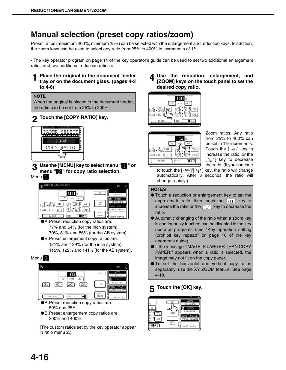 Manual selection (preset copy ratios/zoom), Paper select copy ratio | Sharp AR-M355N User Manual | Page 95 / 380