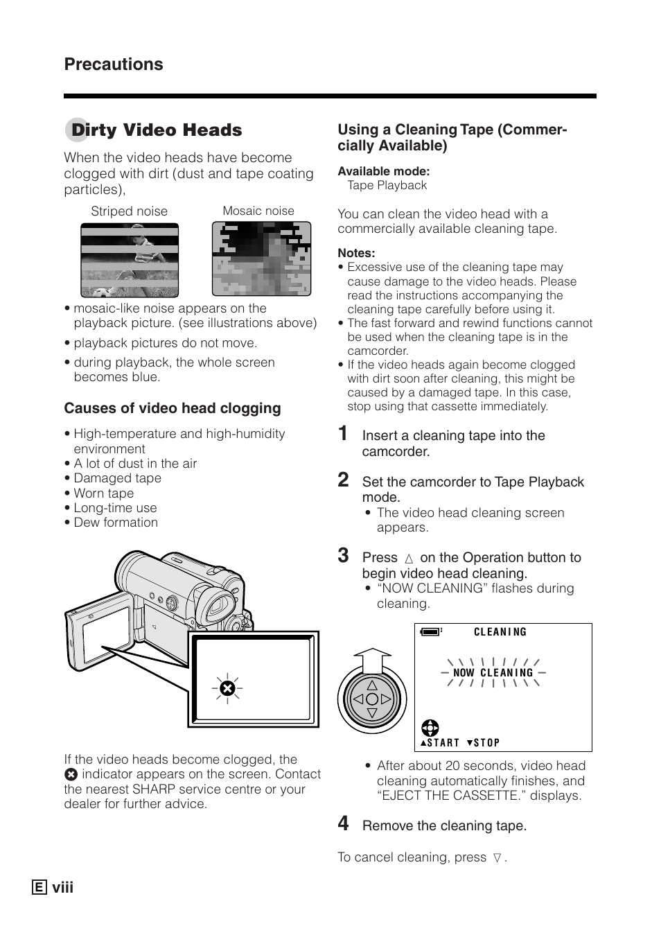 Dirty video heads, Precautions | Sharp VIEWCAMZ VL-Z5E User Manual | Page 10 / 117