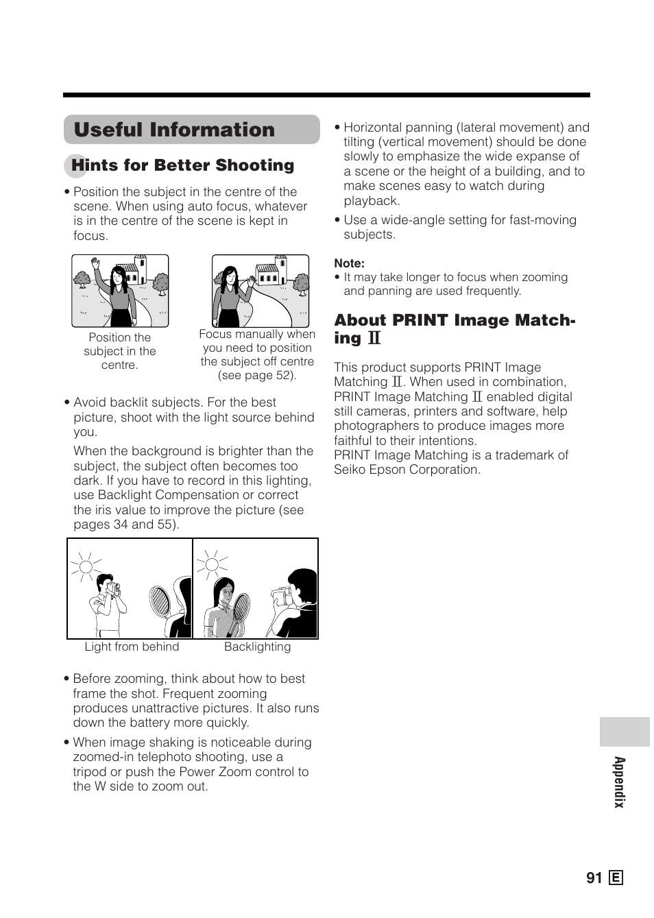 Useful information, Hints for better shooting, About print image match- ing l | Sharp VIEWCAMZ VL-Z5E User Manual | Page 101 / 117
