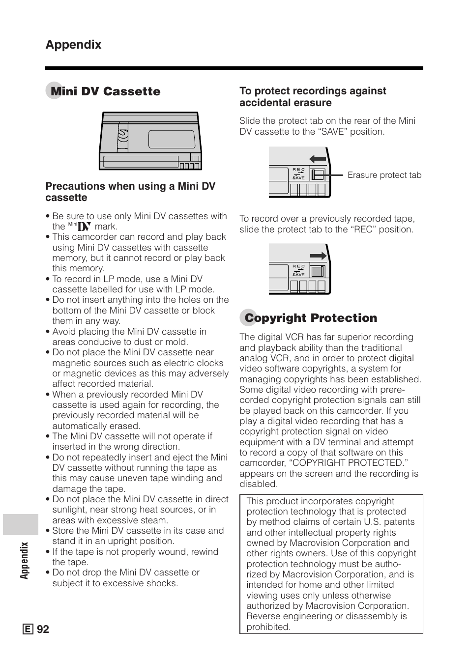 Appendix, Mini dv cassette, Copyright protection | Sharp VIEWCAMZ VL-Z5E User Manual | Page 102 / 117