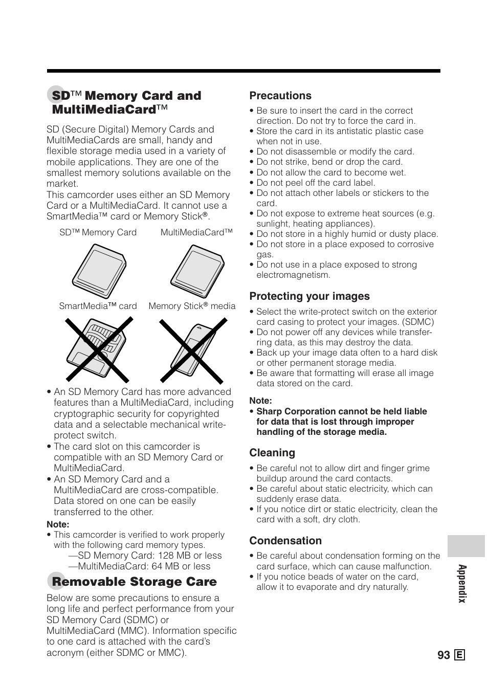 Removable storage care | Sharp VIEWCAMZ VL-Z5E User Manual | Page 103 / 117
