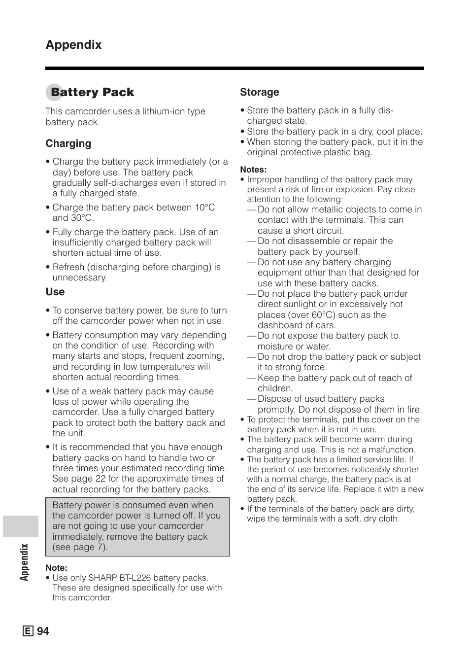 Appendix, Battery pack | Sharp VIEWCAMZ VL-Z5E User Manual | Page 104 / 117