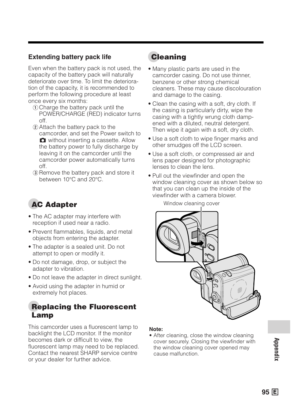 Ac adapter, Replacing the fluorescent lamp, Cleaning | Sharp VIEWCAMZ VL-Z5E User Manual | Page 105 / 117