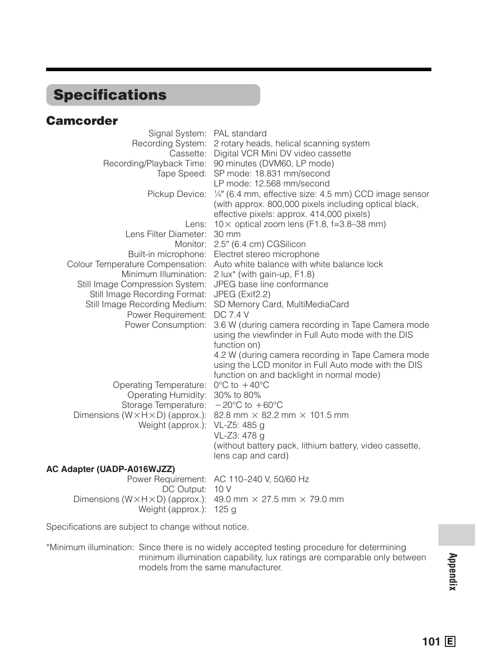 Specifications, Camcorder | Sharp VIEWCAMZ VL-Z5E User Manual | Page 111 / 117