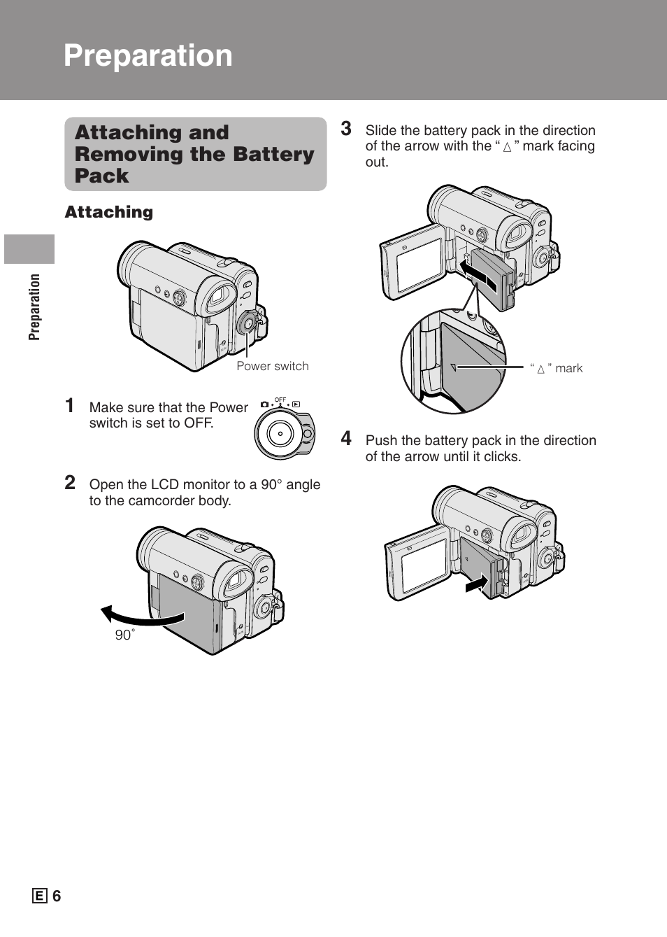 Preparation, Attaching and removing the battery pack | Sharp VIEWCAMZ VL-Z5E User Manual | Page 16 / 117