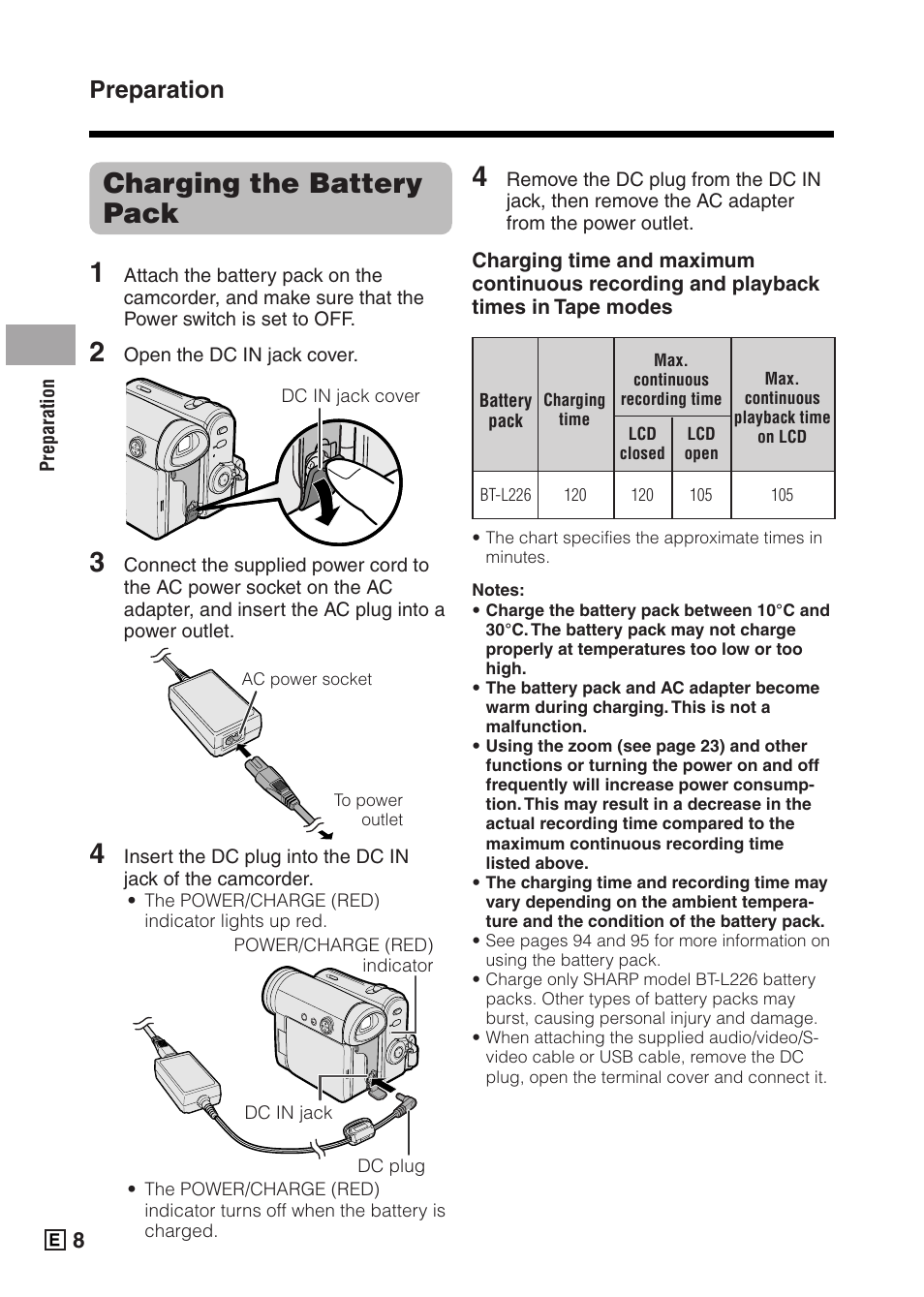 Charging the battery pack 1, Preparation | Sharp VIEWCAMZ VL-Z5E User Manual | Page 18 / 117