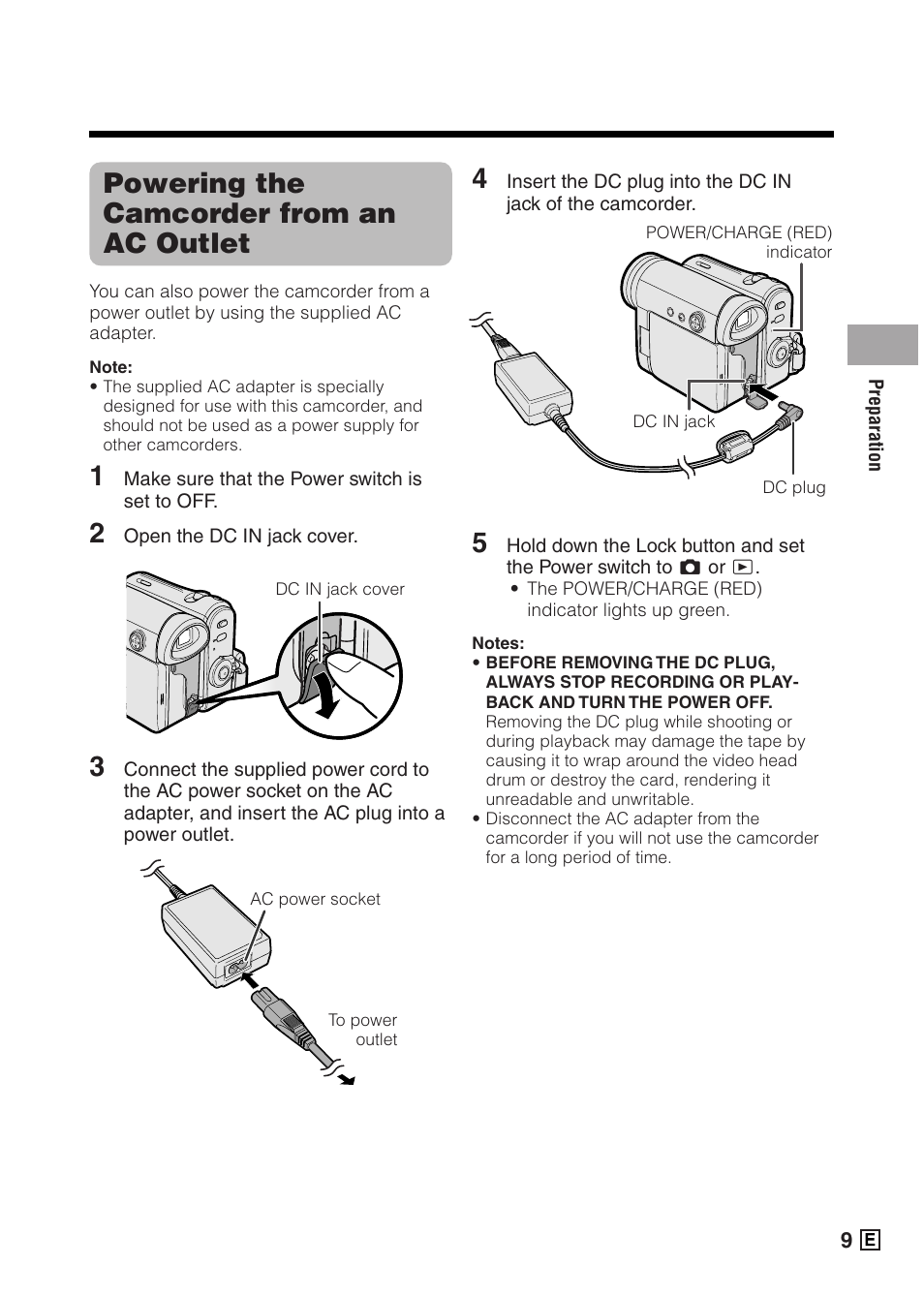 Powering the camcorder from an ac outlet | Sharp VIEWCAMZ VL-Z5E User Manual | Page 19 / 117