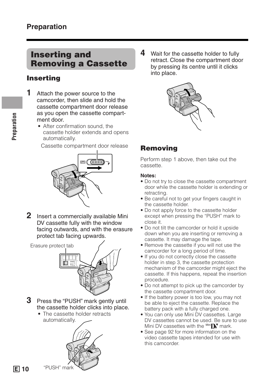 Inserting and removing a cassette, Preparation, Inserting | Removing | Sharp VIEWCAMZ VL-Z5E User Manual | Page 20 / 117