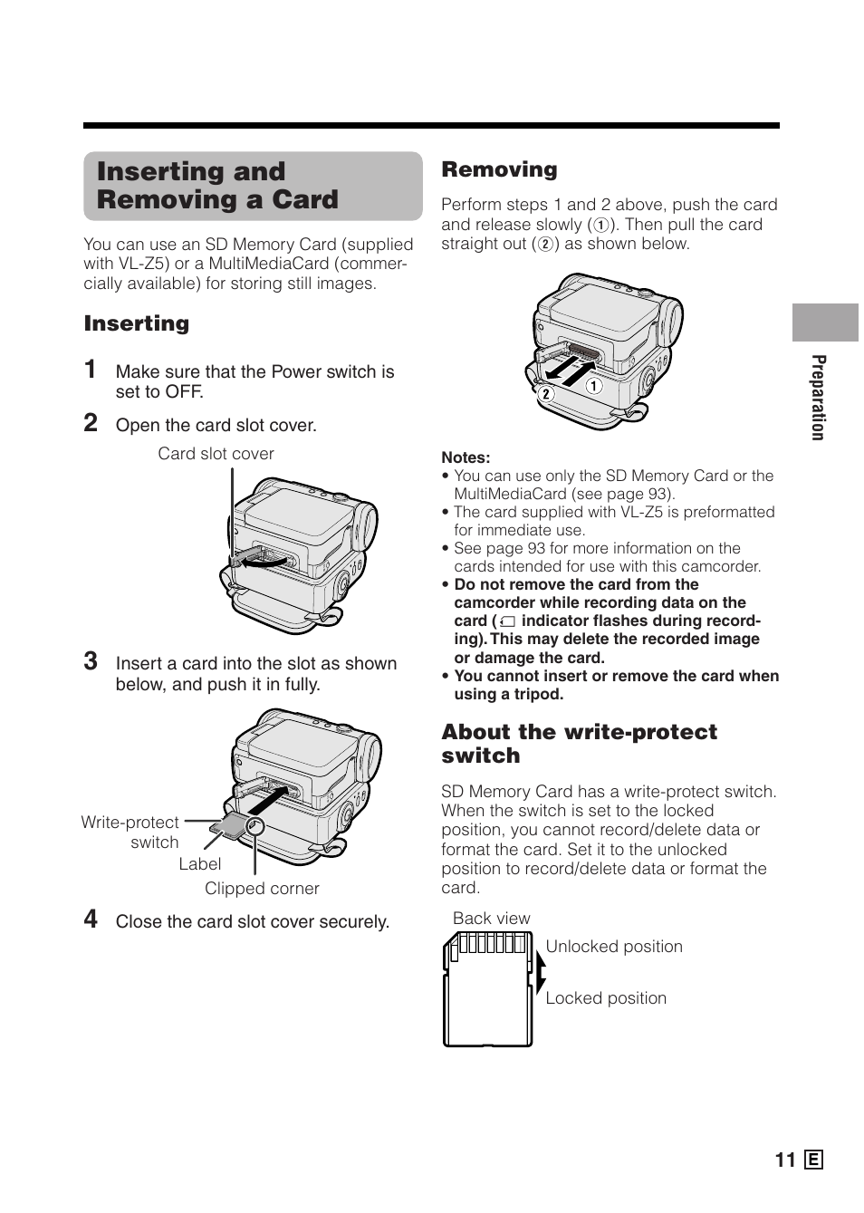 Inserting and removing a card | Sharp VIEWCAMZ VL-Z5E User Manual | Page 21 / 117