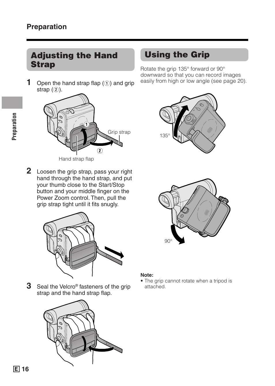 Adjusting the hand strap 1, Using the grip, Preparation | Sharp VIEWCAMZ VL-Z5E User Manual | Page 26 / 117