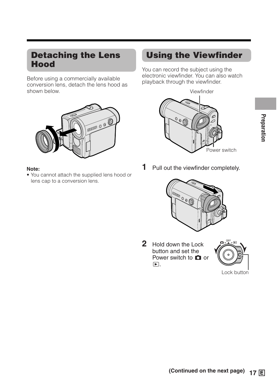 Using the viewfinder, Detaching the lens hood | Sharp VIEWCAMZ VL-Z5E User Manual | Page 27 / 117