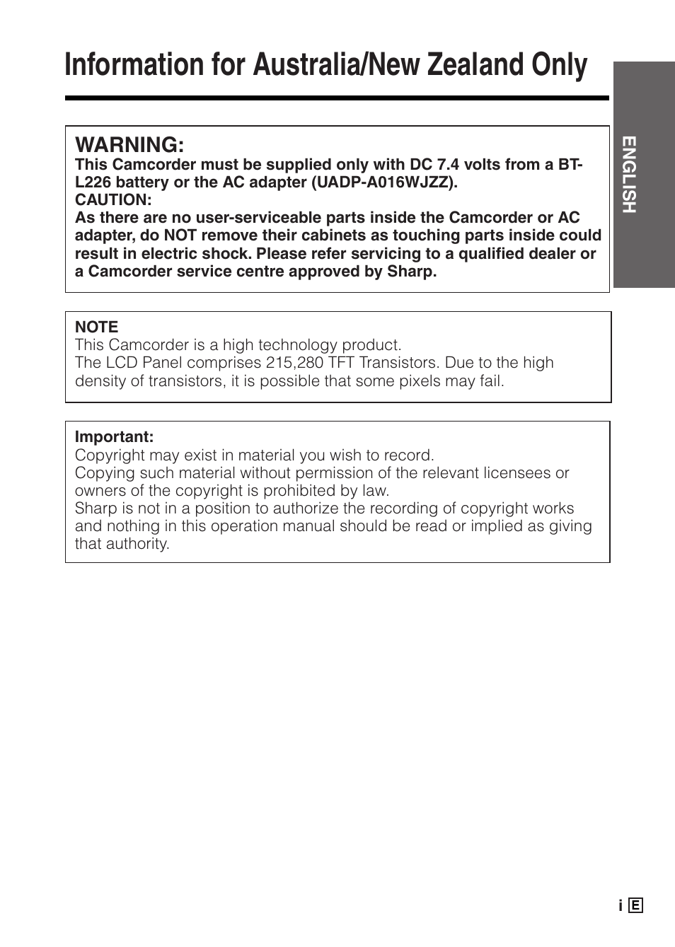 Information for australia/new zealand only | Sharp VIEWCAMZ VL-Z5E User Manual | Page 3 / 117