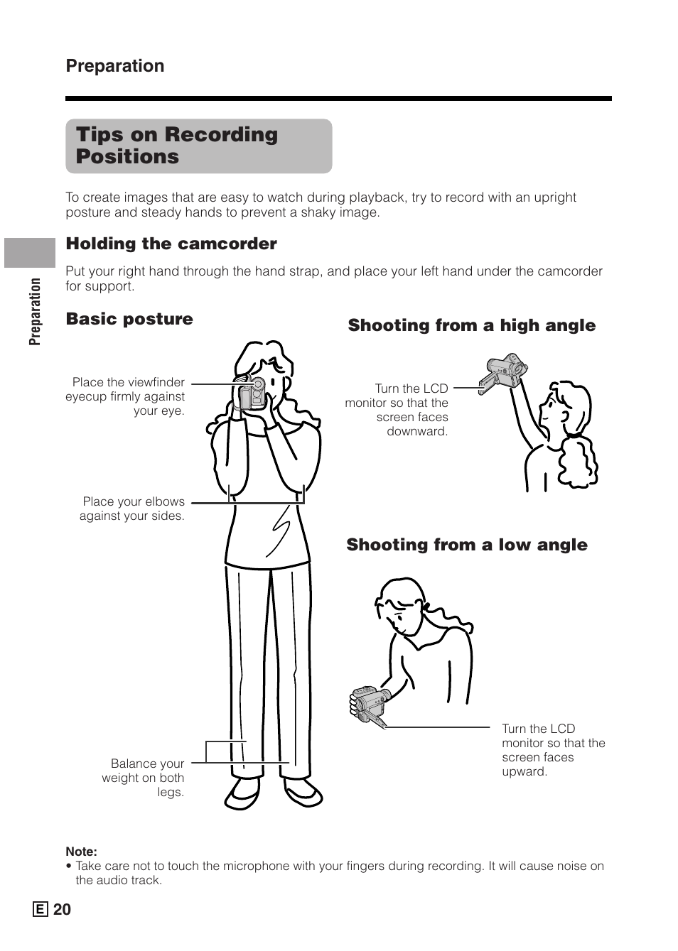 Tips on recording positions, Preparation, Holding the camcorder | Basic posture | Sharp VIEWCAMZ VL-Z5E User Manual | Page 30 / 117