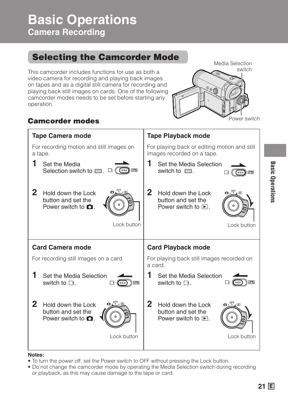 Basic operations, Camera recording selecting the camcorder mode | Sharp VIEWCAMZ VL-Z5E User Manual | Page 31 / 117