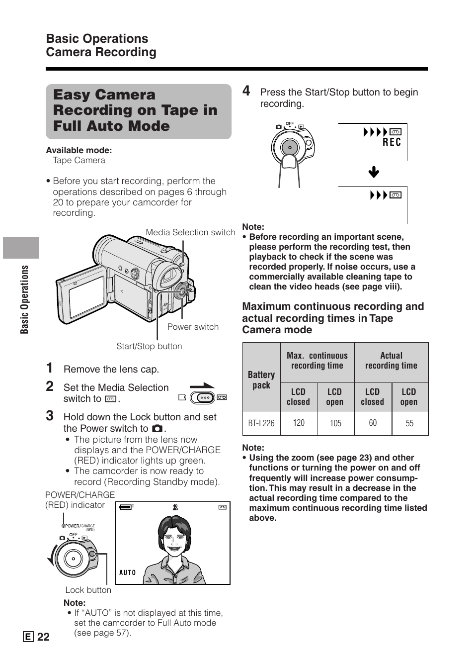 Easy camera recording on tape in full auto mode, Basic operations camera recording | Sharp VIEWCAMZ VL-Z5E User Manual | Page 32 / 117