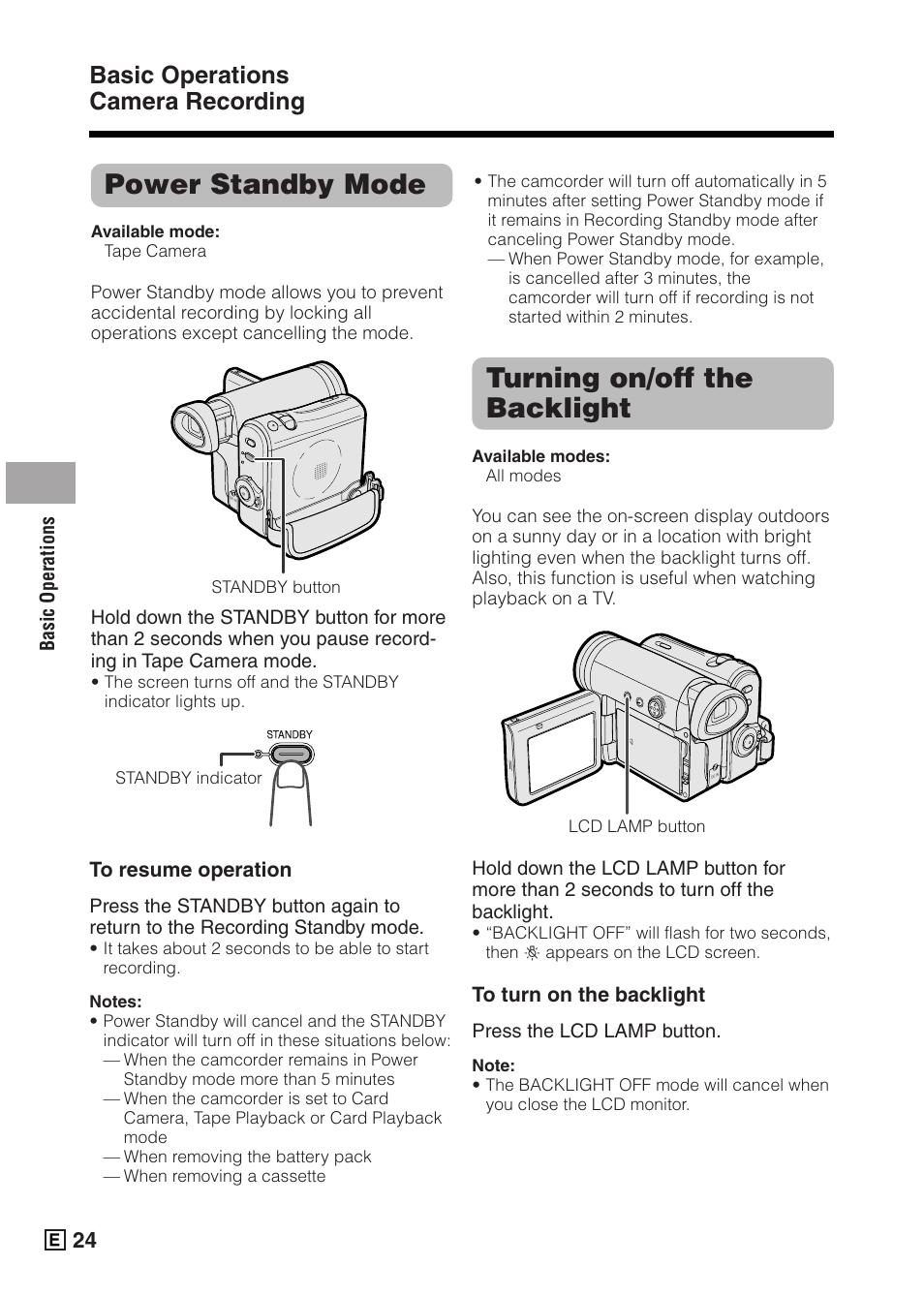 Power standby mode, Turning on/off the backlight, Basic operations camera recording | Sharp VIEWCAMZ VL-Z5E User Manual | Page 34 / 117