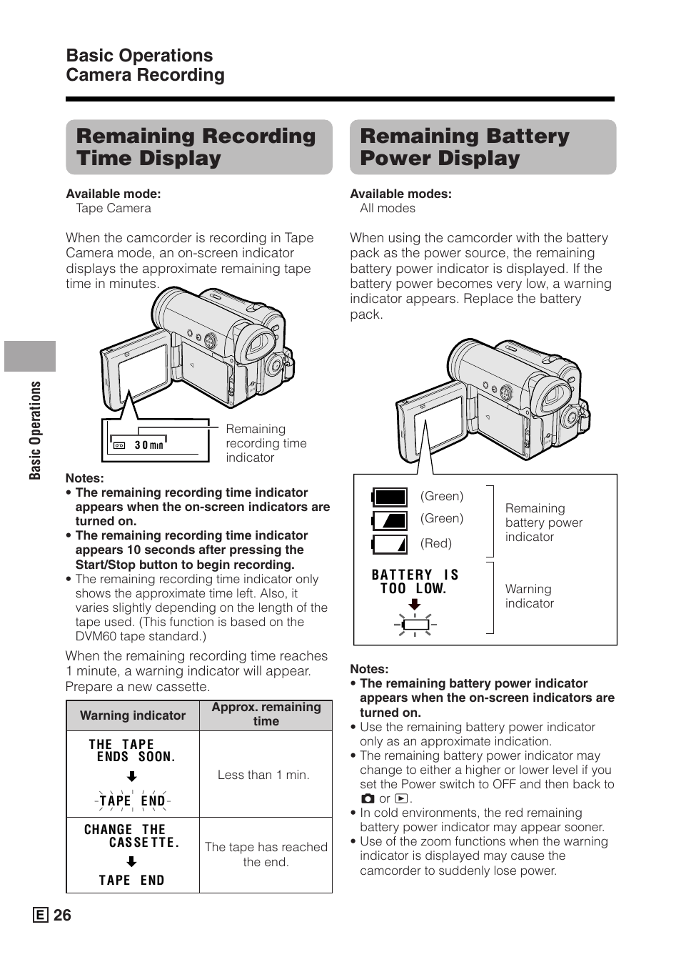 Remaining battery power display, Remaining recording time display, Basic operations camera recording | Sharp VIEWCAMZ VL-Z5E User Manual | Page 36 / 117