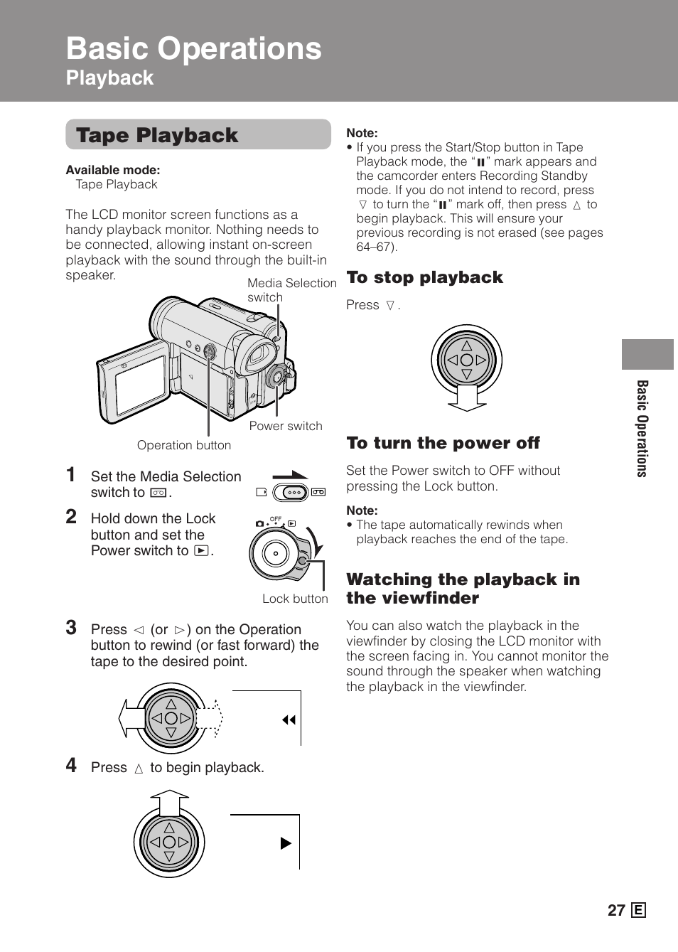 Basic operations, Tape playback, Playback | Sharp VIEWCAMZ VL-Z5E User Manual | Page 37 / 117