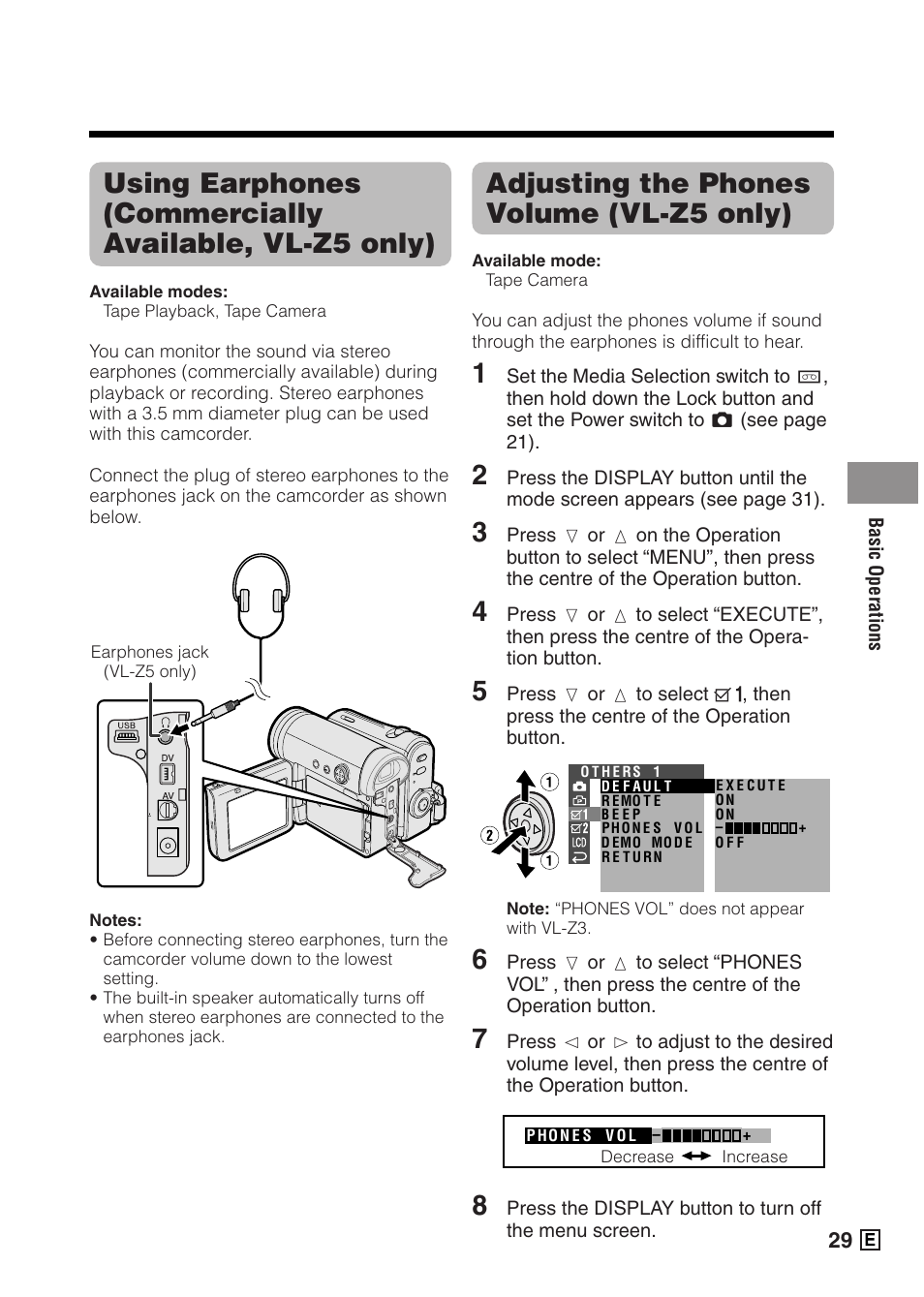 Adjusting the phones volume (vl-z5 only) | Sharp VIEWCAMZ VL-Z5E User Manual | Page 39 / 117