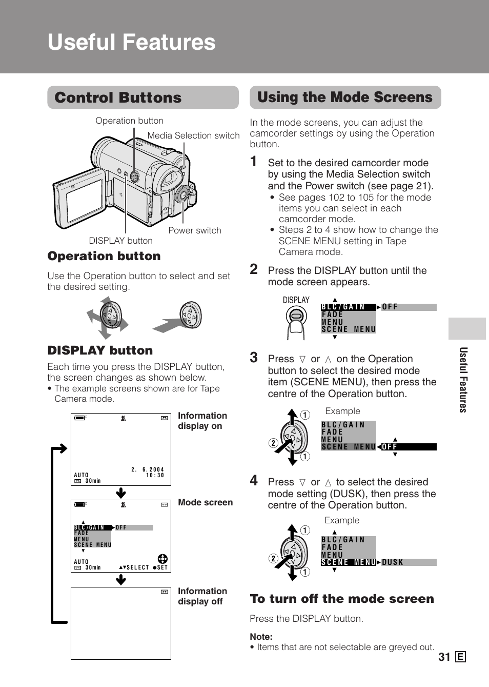 Control buttons, Using the mode screens, Operation button | Display button, Useful features | Sharp VIEWCAMZ VL-Z5E User Manual | Page 41 / 117