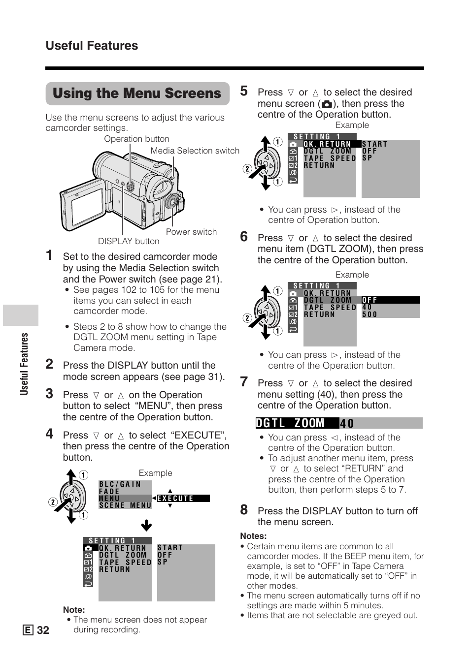 Using the menu screens, Useful features, 04 dg t l zoom | Sharp VIEWCAMZ VL-Z5E User Manual | Page 42 / 117