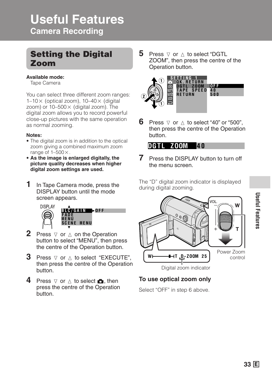 Useful features, Camera recording 5, Setting the digital zoom | 04 dg t l zoom | Sharp VIEWCAMZ VL-Z5E User Manual | Page 43 / 117