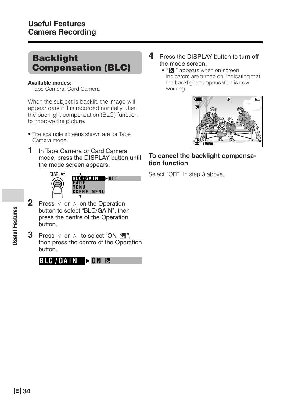 Backlight compensation (blc), Useful features camera recording, Blc / ga i n on | Sharp VIEWCAMZ VL-Z5E User Manual | Page 44 / 117