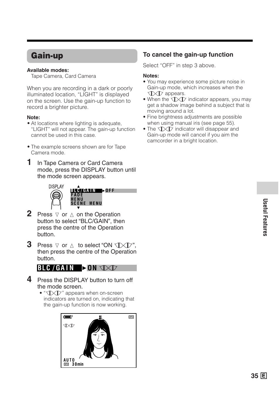 Gain-up, Blc / ga i n on | Sharp VIEWCAMZ VL-Z5E User Manual | Page 45 / 117
