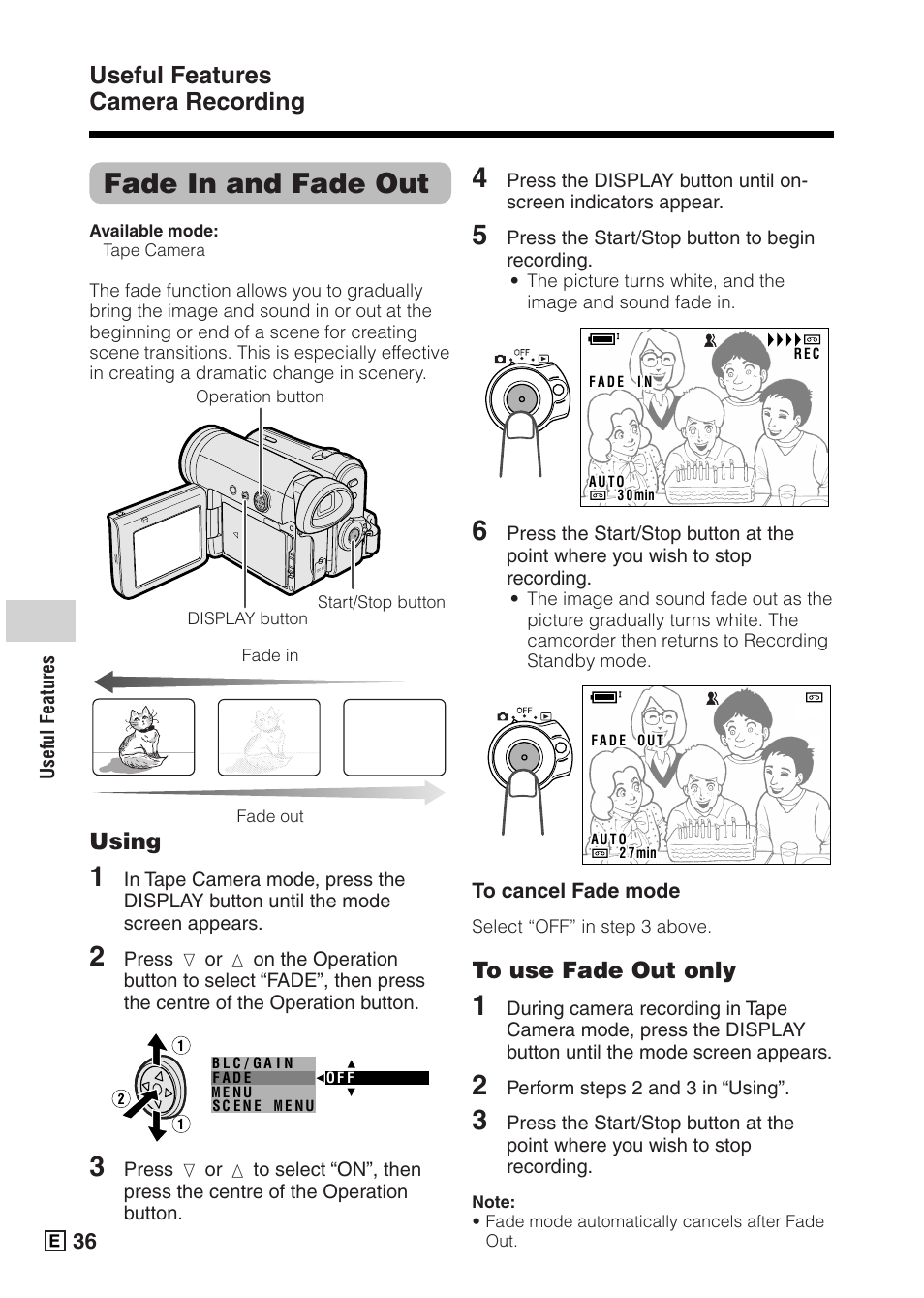 Fade in and fade out, Useful features camera recording, Using | Sharp VIEWCAMZ VL-Z5E User Manual | Page 46 / 117