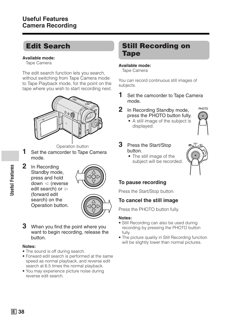 Still recording on tape, Edit search, Useful features camera recording | Sharp VIEWCAMZ VL-Z5E User Manual | Page 48 / 117