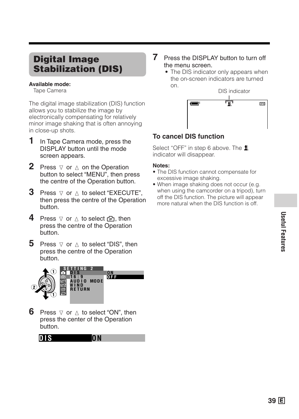 Digital image stabilization (dis), On d i s | Sharp VIEWCAMZ VL-Z5E User Manual | Page 49 / 117