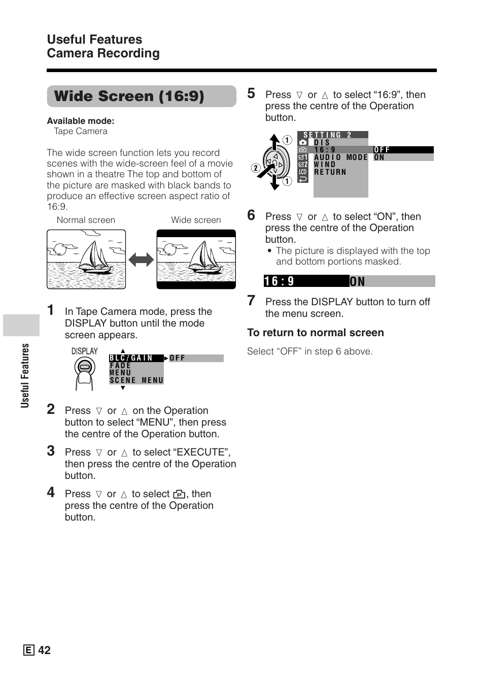Wide screen (16:9), Useful features camera recording | Sharp VIEWCAMZ VL-Z5E User Manual | Page 52 / 117