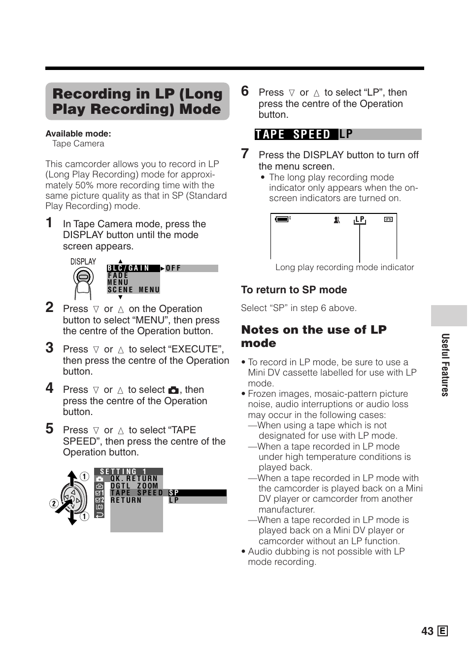 Recording in lp (long play recording) mode, Lp t ap e sp e e d | Sharp VIEWCAMZ VL-Z5E User Manual | Page 53 / 117