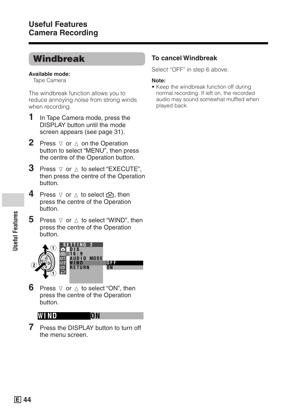 Windbreak, Useful features camera recording | Sharp VIEWCAMZ VL-Z5E User Manual | Page 54 / 117