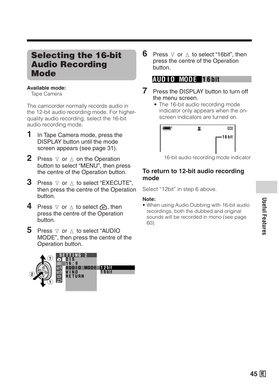 Selecting the 16-bit audio recording mode, 1 6 bit aud i o mode | Sharp VIEWCAMZ VL-Z5E User Manual | Page 55 / 117