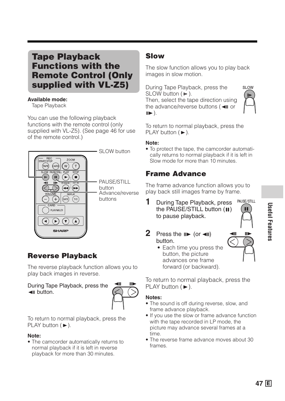 Slow, Frame advance, Reverse playback | Sharp VIEWCAMZ VL-Z5E User Manual | Page 57 / 117