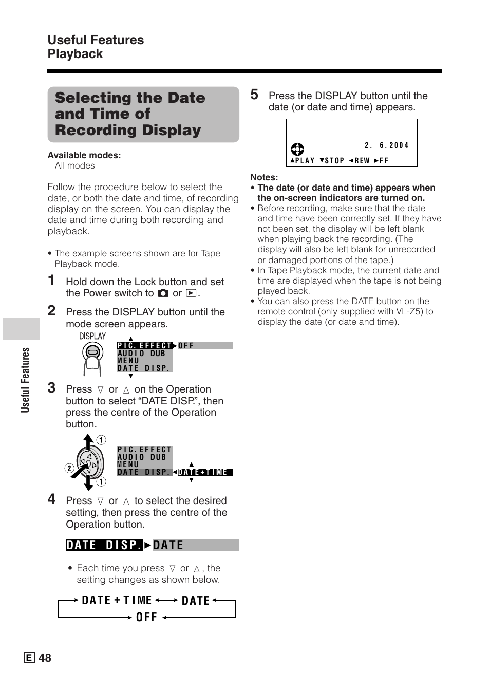 Selecting the date and time of recording display, Useful features playback | Sharp VIEWCAMZ VL-Z5E User Manual | Page 58 / 117