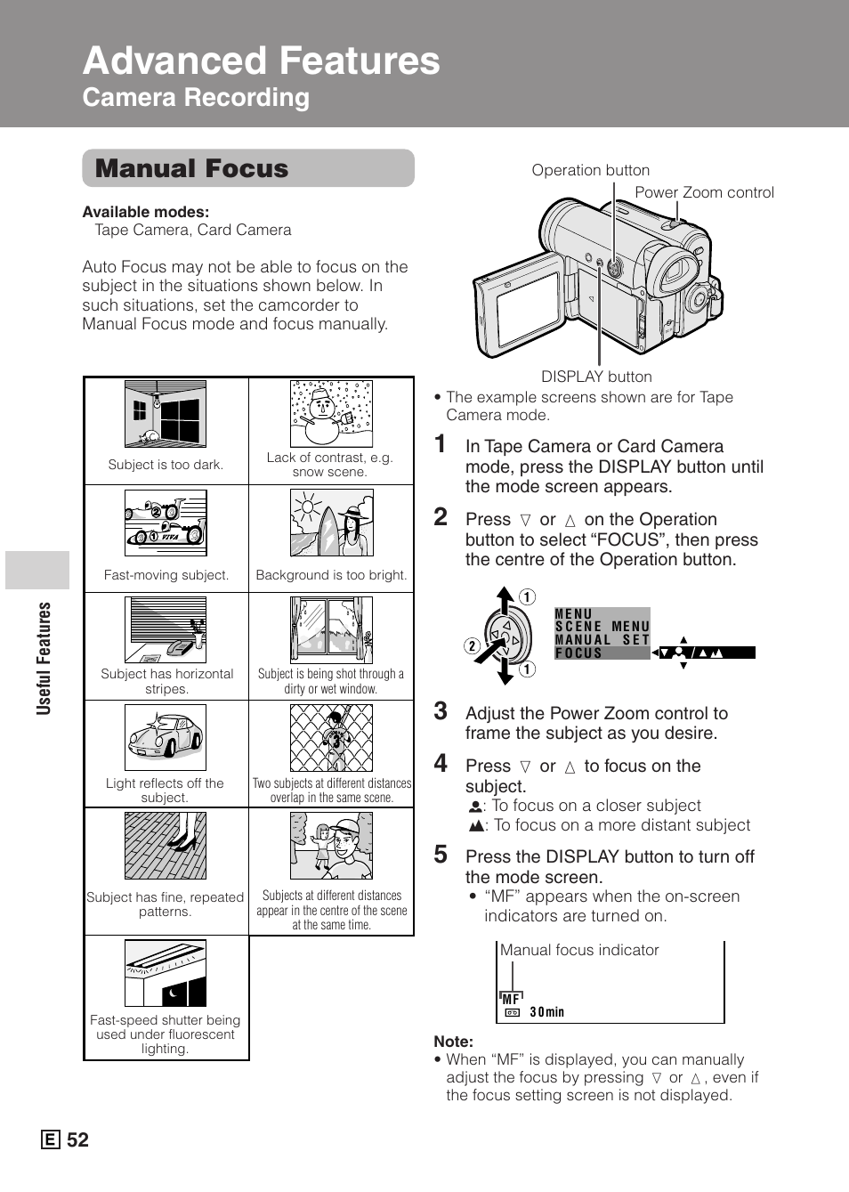 Advanced features, Manual focus, Camera recording | Advanced features camera recording | Sharp VIEWCAMZ VL-Z5E User Manual | Page 62 / 117