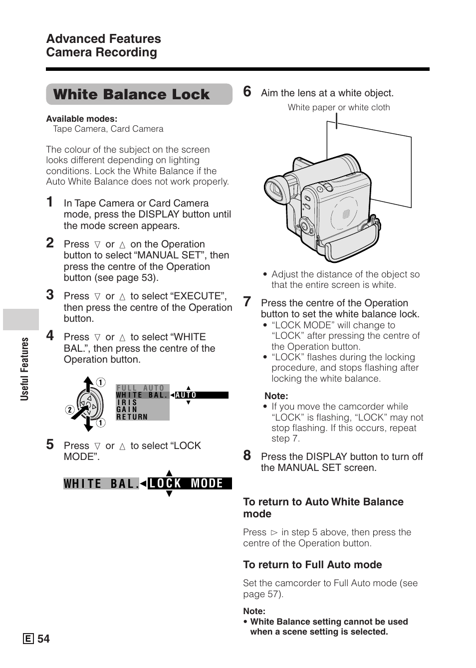 White balance lock, Advanced features camera recording | Sharp VIEWCAMZ VL-Z5E User Manual | Page 64 / 117