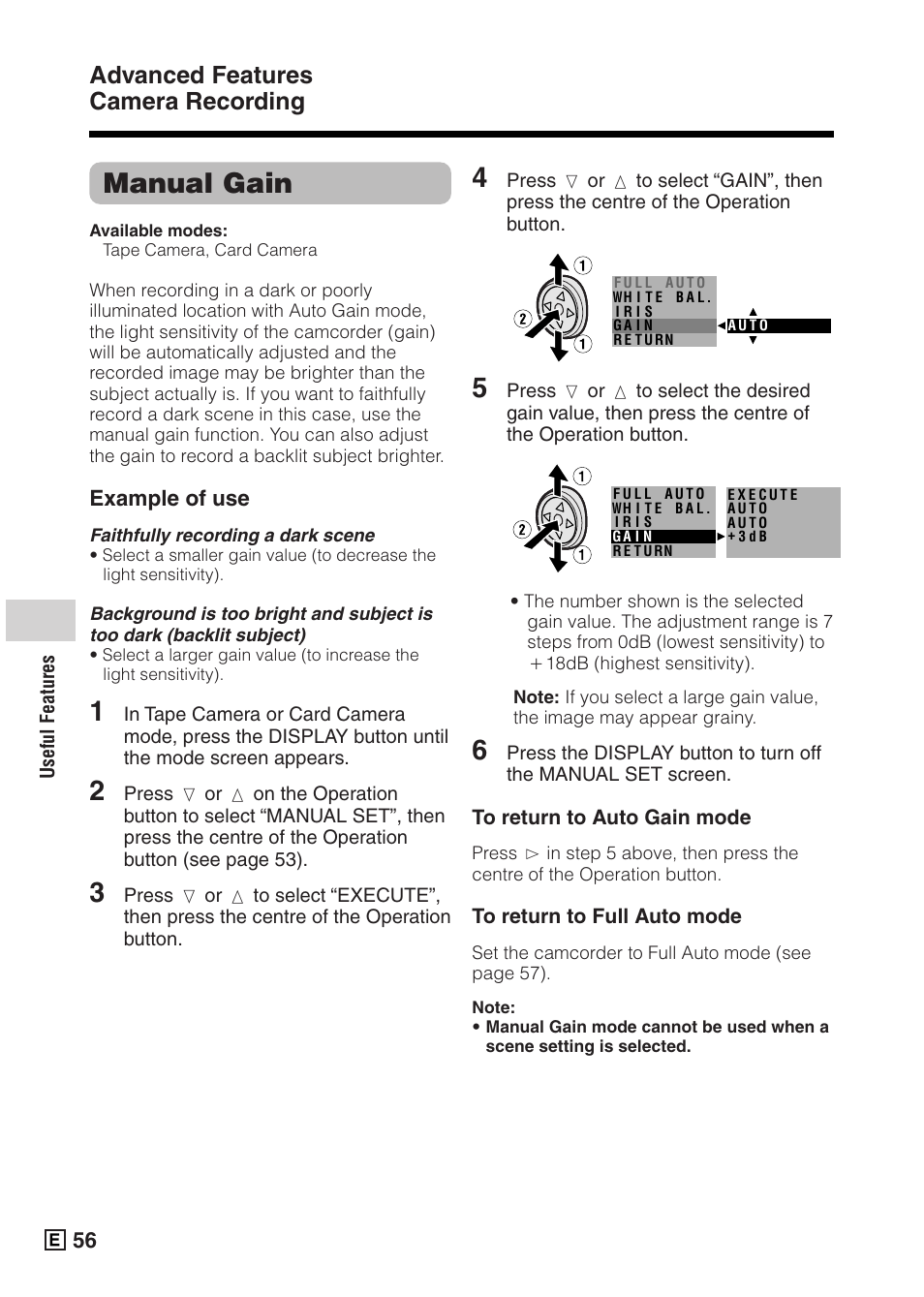 Manual gain, Advanced features camera recording | Sharp VIEWCAMZ VL-Z5E User Manual | Page 66 / 117
