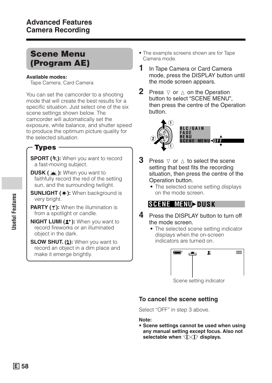 Scene menu (program ae), Advanced features camera recording, Types | Du s k sc e ne menu | Sharp VIEWCAMZ VL-Z5E User Manual | Page 68 / 117