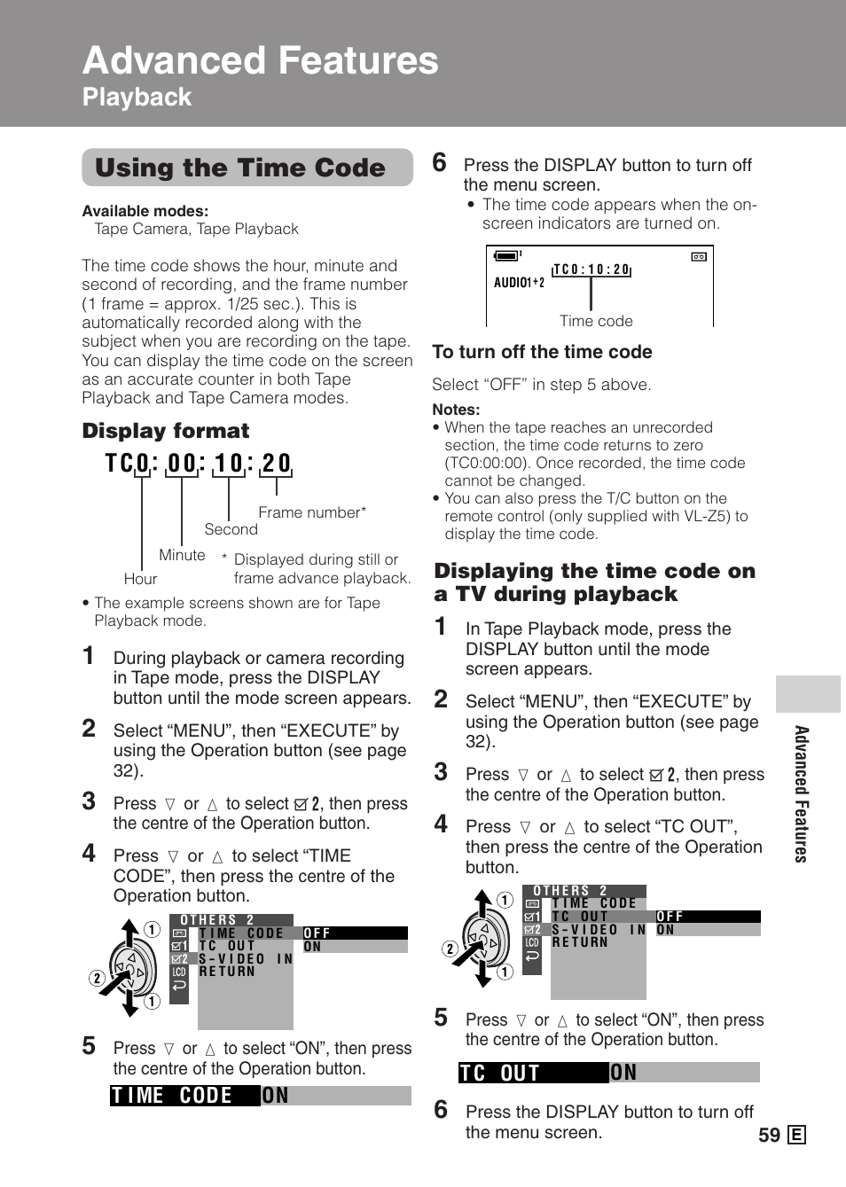 Advanced features, Using the time code, Playback | Sharp VIEWCAMZ VL-Z5E User Manual | Page 69 / 117