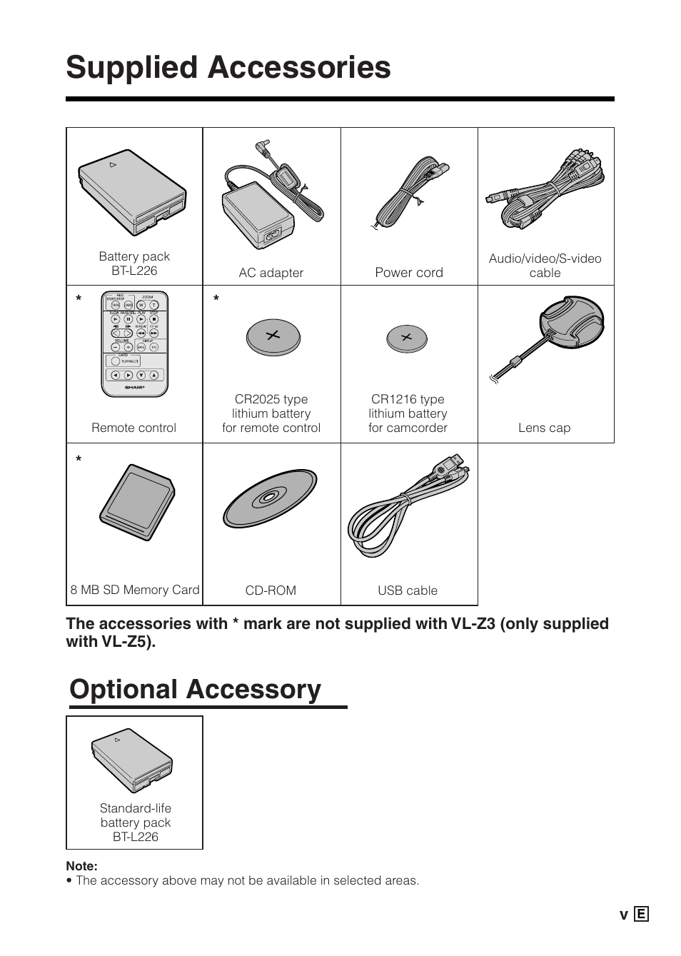 Supplied accessories, Optional accessory | Sharp VIEWCAMZ VL-Z5E User Manual | Page 7 / 117