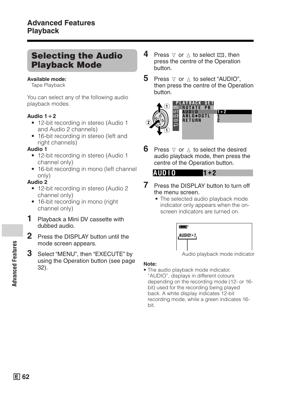 Selecting the audio playback mode, Advanced features playback | Sharp VIEWCAMZ VL-Z5E User Manual | Page 72 / 117