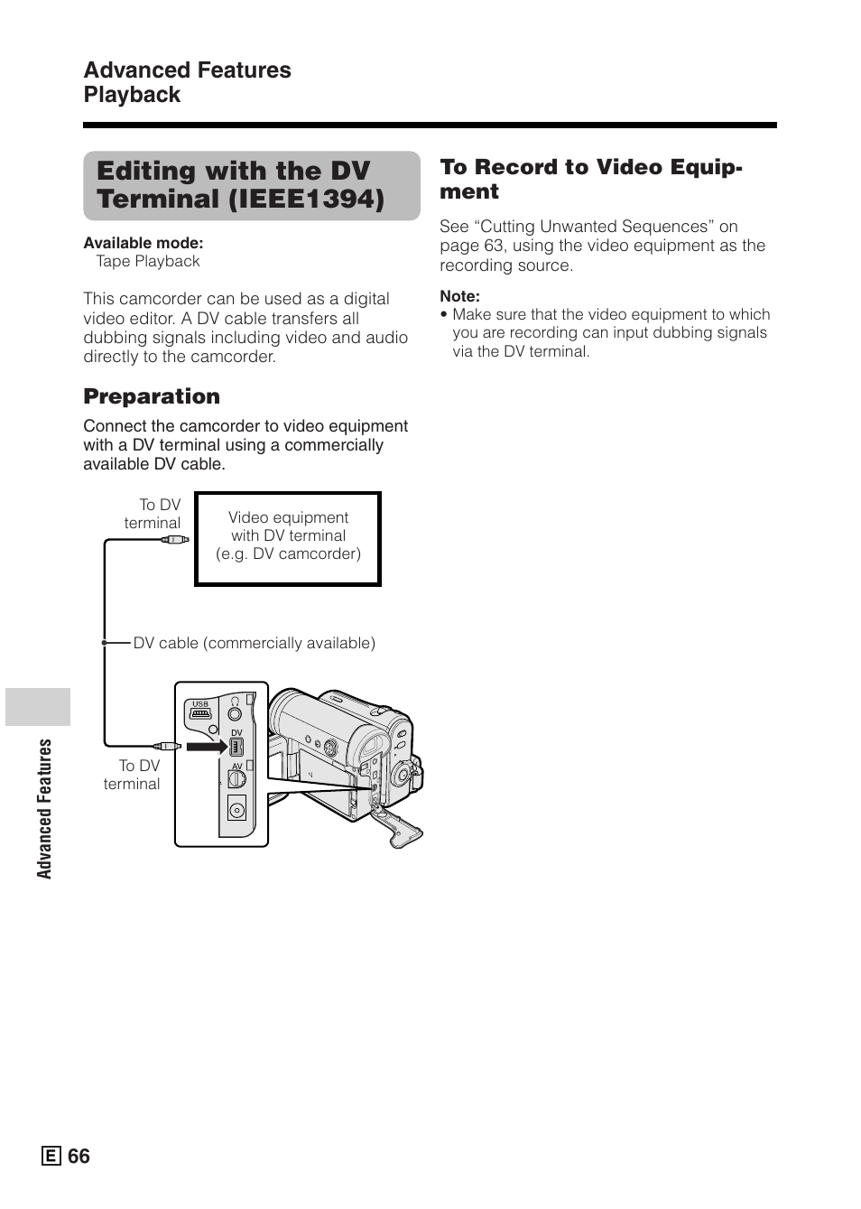 Editing with the dv terminal (ieee1394), Advanced features playback, Preparation | Sharp VIEWCAMZ VL-Z5E User Manual | Page 76 / 117